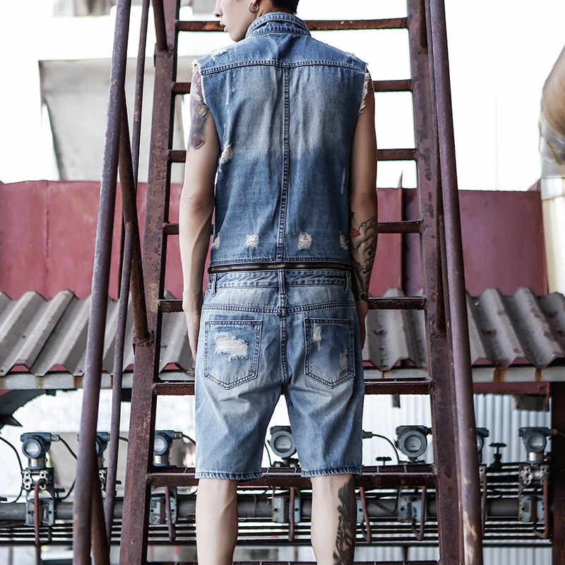 Summer tide brand denim jumpsuit men European and American fashion retro holeless sleeveless clothing | Мужская одежда