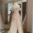 Платье-трапеция с открытыми плечами, Цветочное платье, светло-розовое асимметричное платье для выпускного вечера с длинным шлейфом, женские вечерние платья, платья с аппликацией