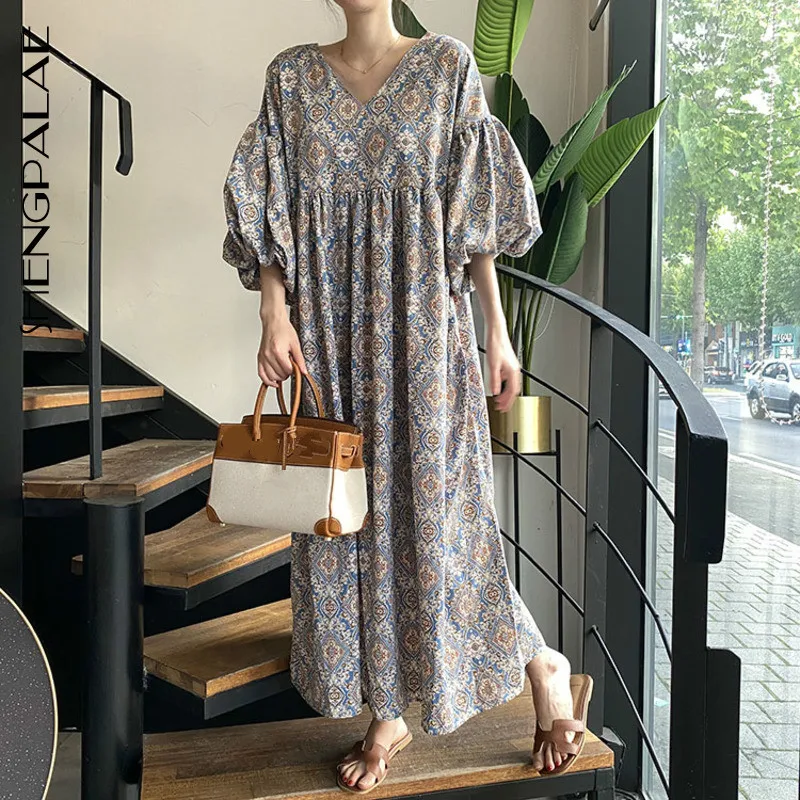 SHENGPALAE 2022 New Summer Women Vintage Loose High Waist Slim Was Thin Elegant V-neck Lantern Sleeve Maxi Dress ZA4776 | Женская одежда