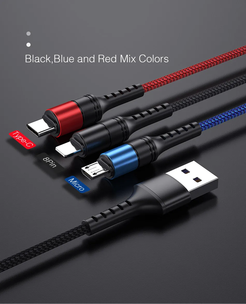 YKZ кабель для мобильного телефона 3 в 1 Micro USB кабель usb type-C кабель для зарядки для samsung Xiaomi huawei USB шнур для освещения