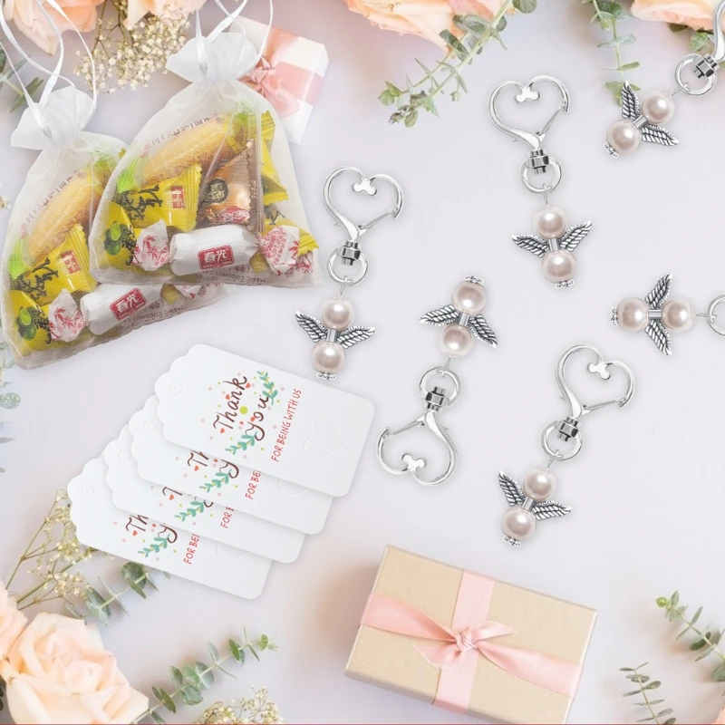 

2021 10Pcs Angel Favor Keychains Plus Organza Bags Plus Thank You Kraft Tags Guest Return Favors for Baby Shower Bridal Show