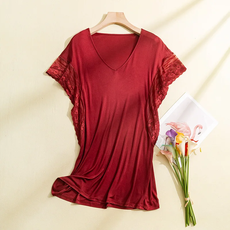 Flame of dream Plus Size Silk Sexy Nightgown Women Lace Sleepwear Silk Homeclothes 21-915
