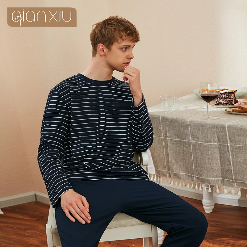 2019 Осенняя мужская Повседневная Пижама в полоску комплекты Мужской Хлопковый