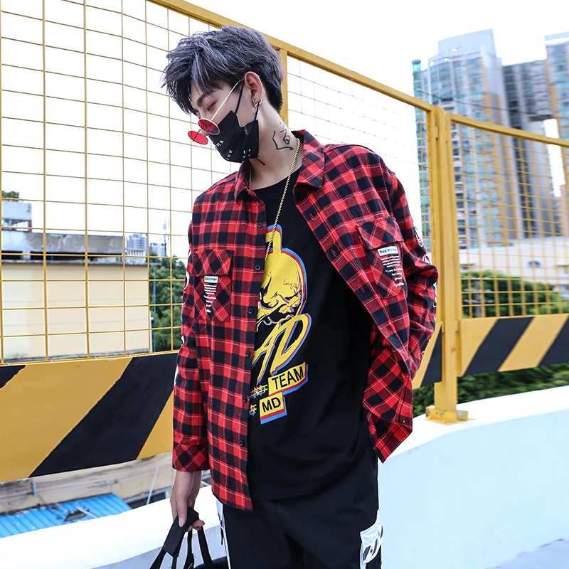 Клетчатая Мужская рубашка роскошная с длинным рукавом в клетку стиле хип хоп