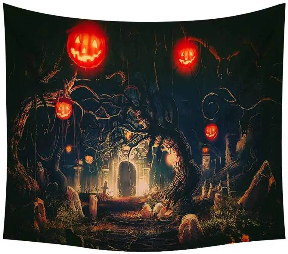Scary Forest Halloween Tapestry Haunted House Pumpkins Wall Hanging with Dark Creepy Atmosphere Home Decor |