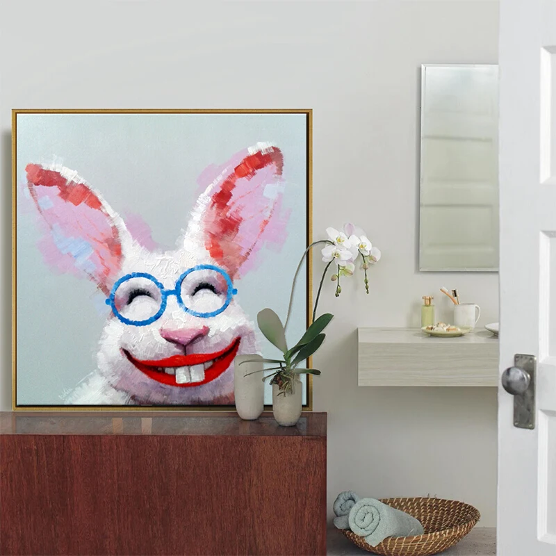 100% ручной Краски ed абстрактный улыбка Кролик картина маслом на холсте искусство