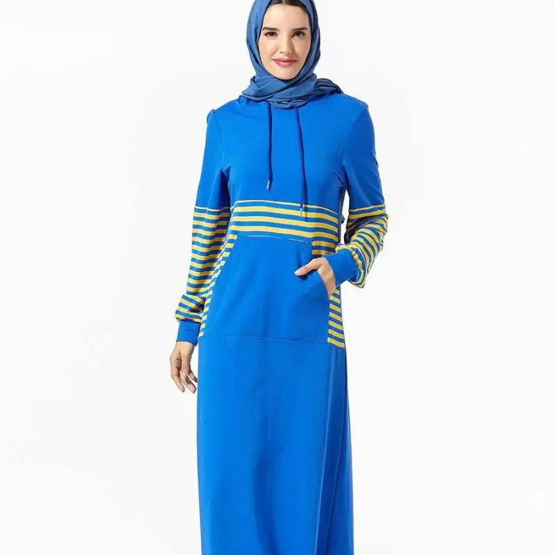 

Dubai Muslim Fashion Long-sleeved Stitching Solid Color Stripes Pocket Dress Without Headscarf Islamic Clothing Women's Dress