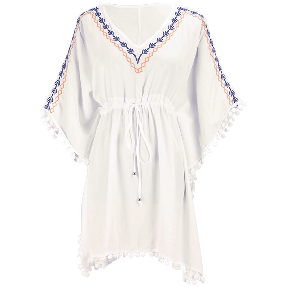 

Boho White V Neck Beach Cover Up Embroidery Vintage Swimwear Ladies Tunics Kaftan Beach Dress Bat Sleeves Women Beach Wear