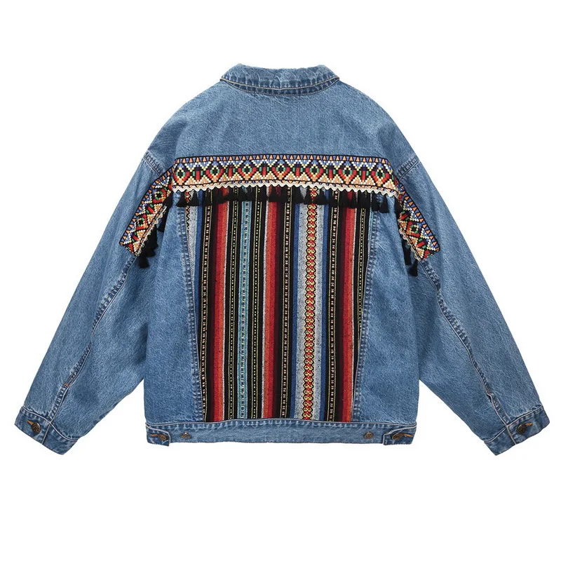 Boho вышивка джинсовые куртки для женщин с длинным рукавом Повседневная Верхняя