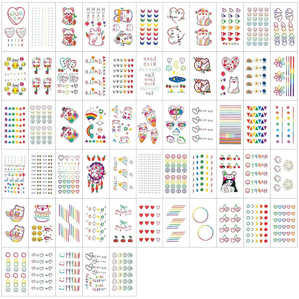 60 Sheets Rainbow Tattoos Expression Tattoo Sticker Face hand Lovely Body Art Fake Tatoo Temporary Waterproof Taty | Красота и