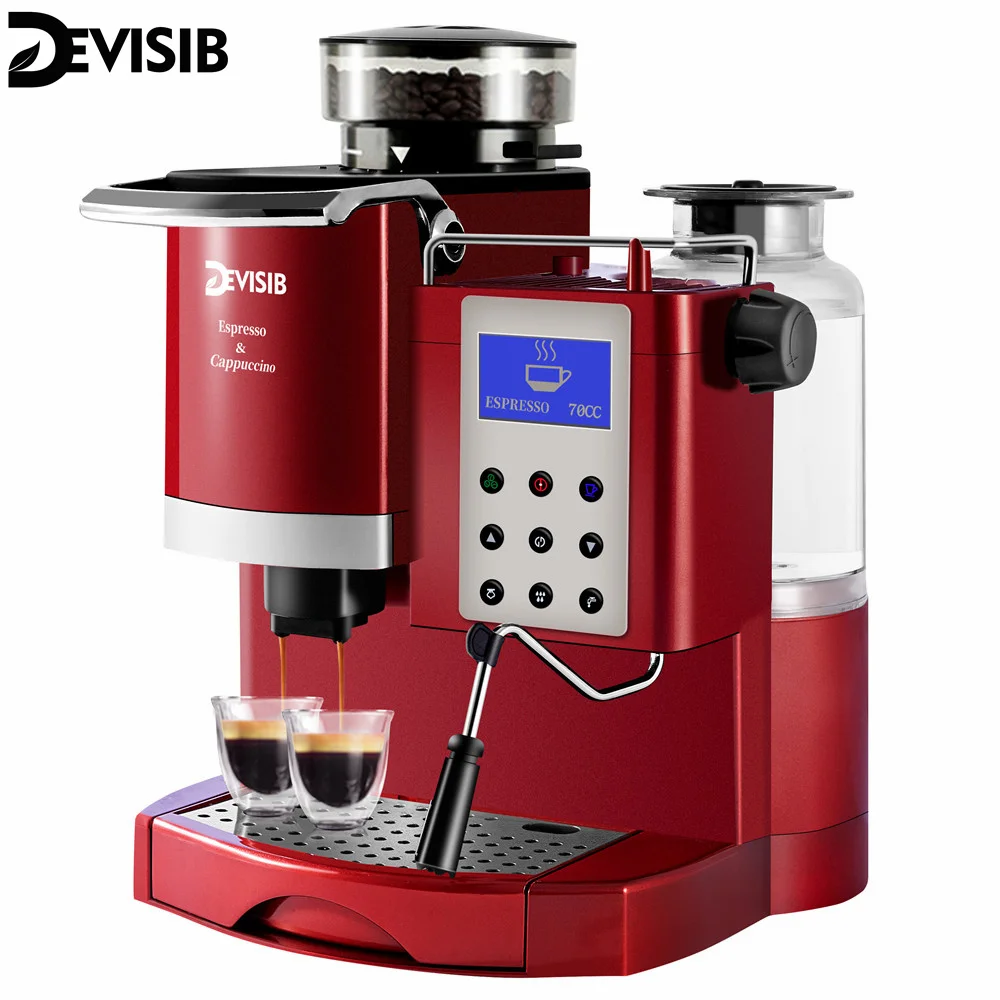 

DEVISIB Express Barista Coffee Machine Maker with Conical Burr Grinder Milk Warmer for Make Espresso Latte Cappuccino Americano