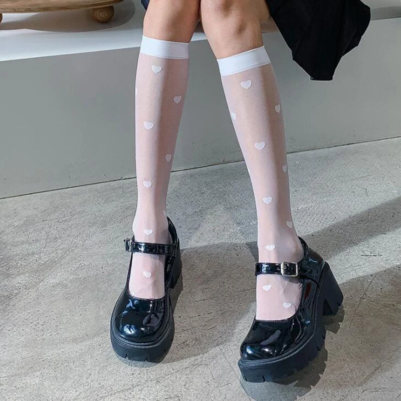 Jk Black High Knee Socks Women Transparent Ultra-thin Nylon Stockings Female Lolita Heart Long Socks Leg Dress Calcetine Medias
