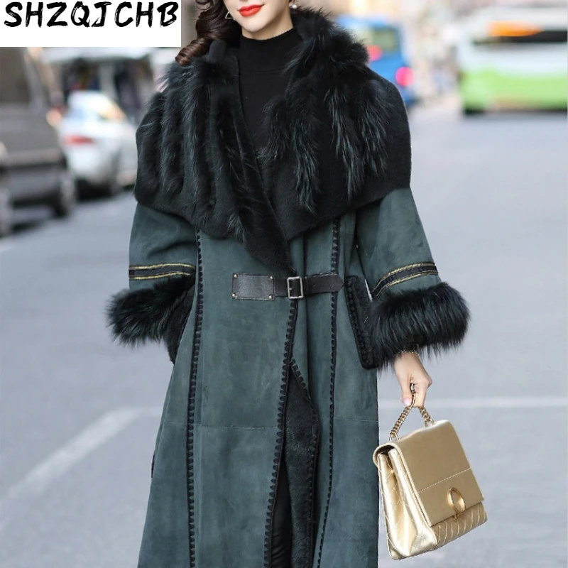 

JCHB 2021 Winter Coat Women Sheep Shearing Real Fur Coat Women Fox Fur Collar Windbreaker for Womens Clothing Manteau Femme BT18