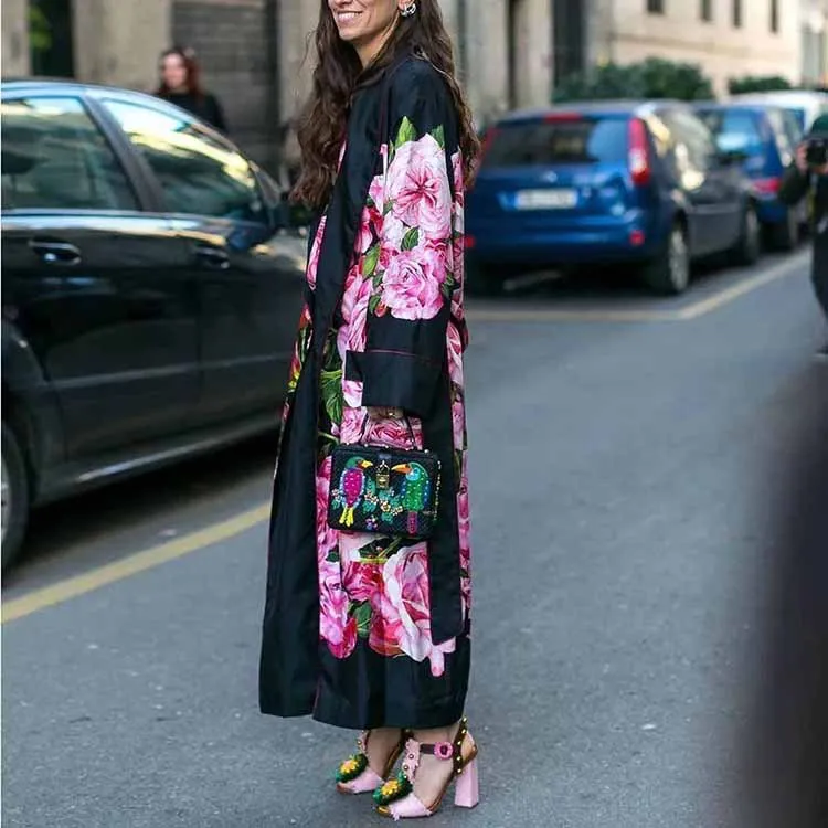 Женское длинное шерстяное пальто с модным принтом Черная Женская куртка