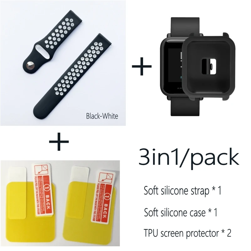 4в1 для Xiaomi Huami Amazfit Bip браслет ремешок чехол 20 мм силиконовый ремешок для часов защитная Пленка чехол s браслет - Цвет: blackwhite-blackcase