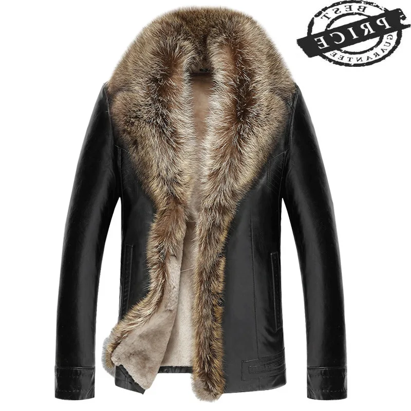 Мужская кожаная куртка от бренда одежда с настоящим мехом из енотовидной собаки