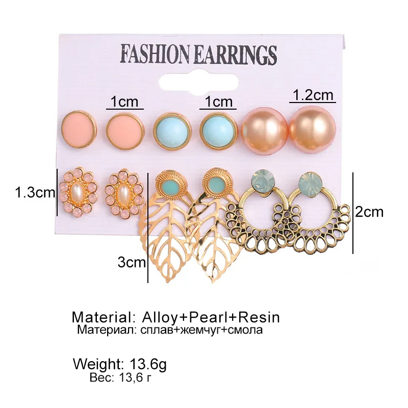 

YUNAO Jewelry Golden Leaf Flower Gemstone Earring Set Six-Pairs Jewelry Earrings Fashion Simple All-Match Ornaments