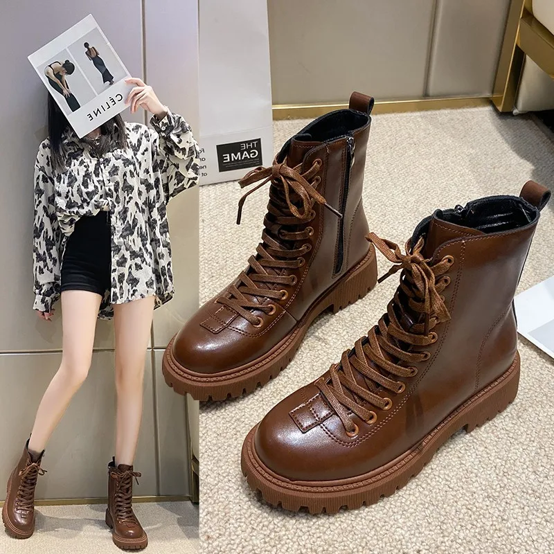 2021 new women's soft PU leather boots solid color short boots winter warm fur ankle boots thick plush mid-heel women's boots