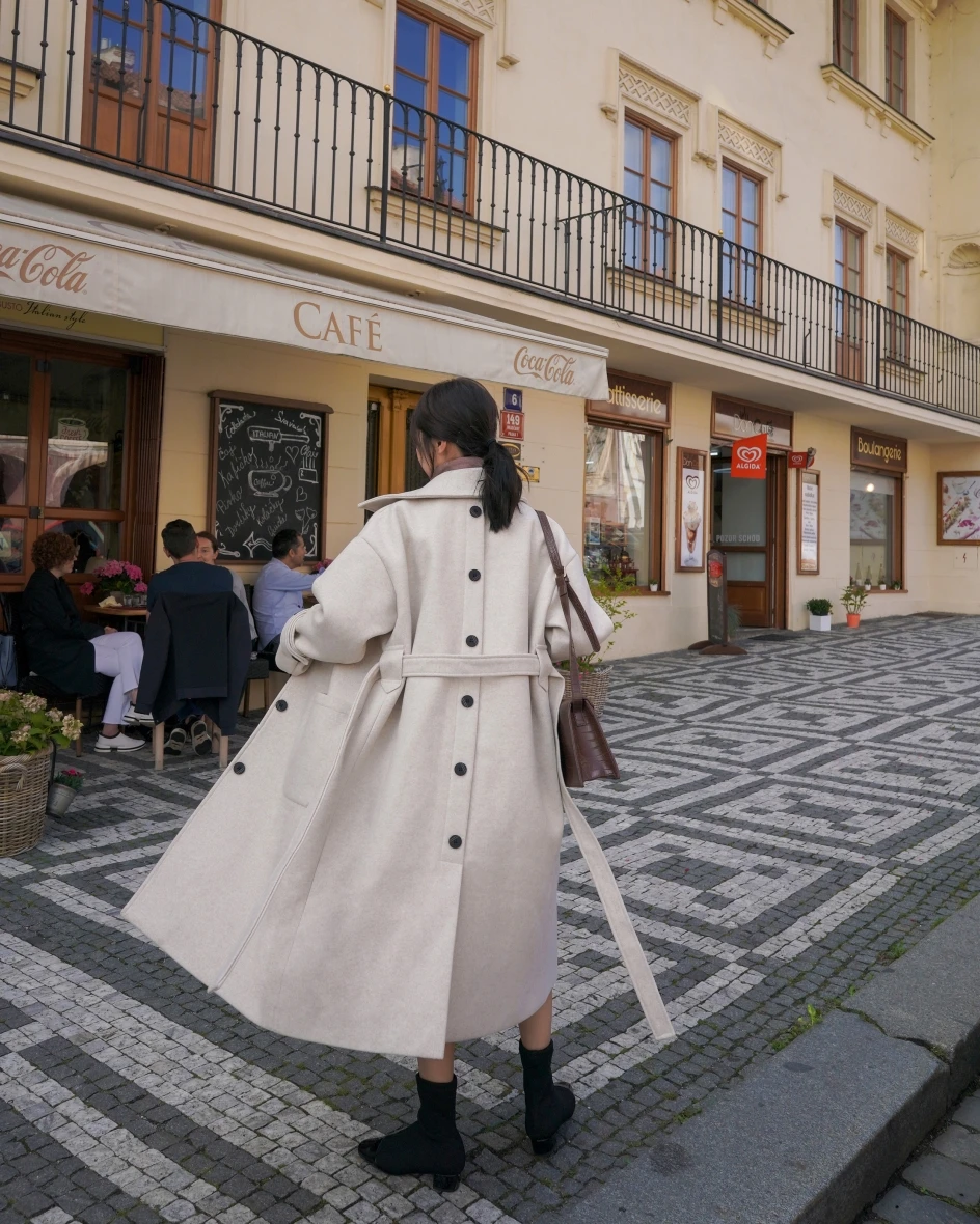 

Autumn Winter Woolen Coat Women Korean Elegant Long Overcoat Vintage Solid Color Bandage Jacket Oversize Office Warm Women Coats