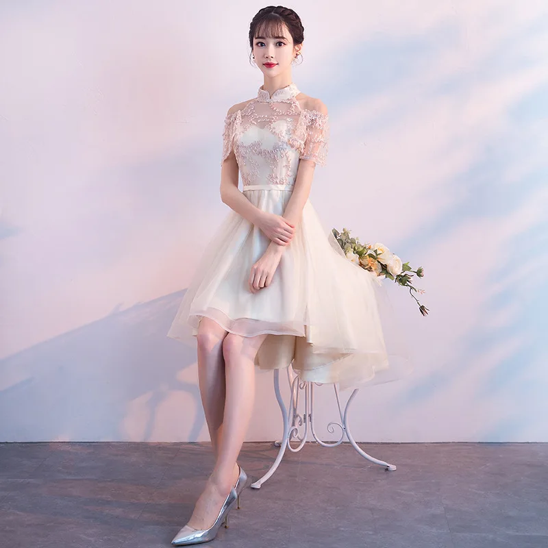 Cheongsam платья Очаровательные цвета шампанского с короткими Свадебная вечеринка