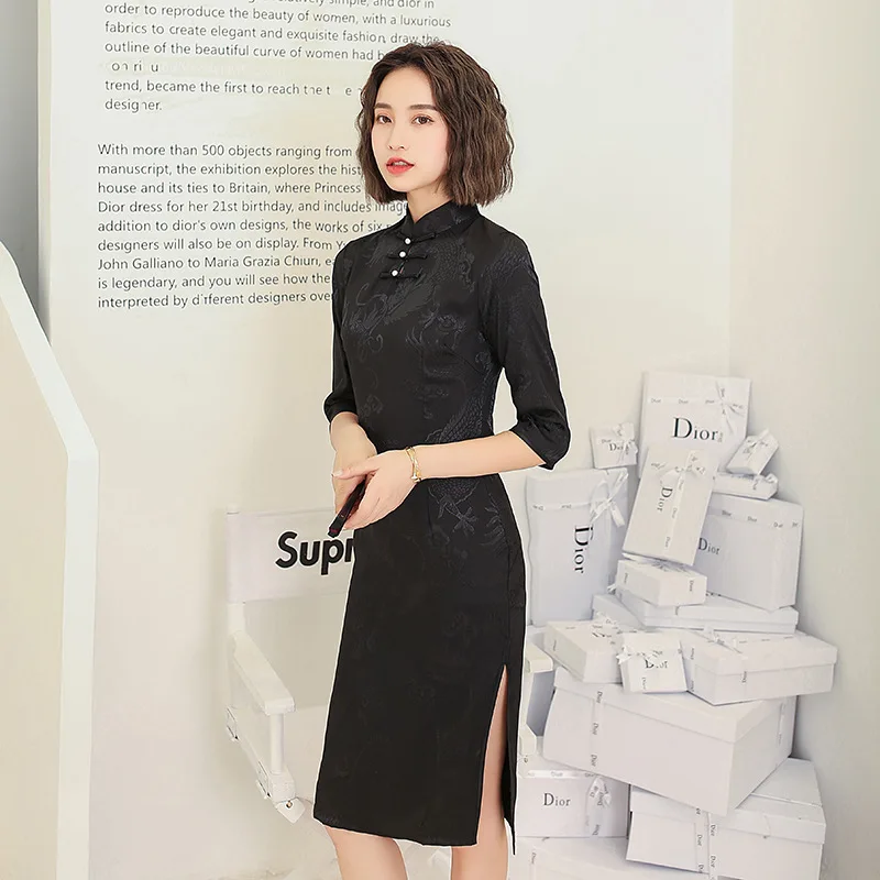 

Autumn Winter New 2020 Black Black Cheongsam Young Retro Improved Chinese Style Cheongsam Dress Chinese Qipao B412