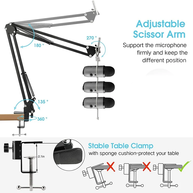 

Microphone Stand,Mic Boom Arm with Adjustable Suspension Scissor Arm Stand Phone Holder,for Blue Snowball and Other Mics
