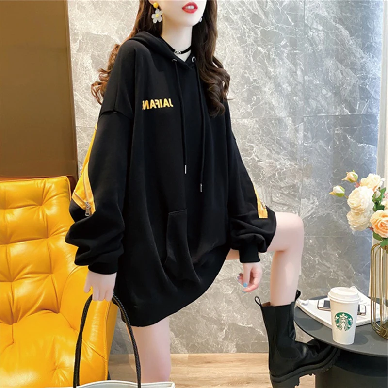 

QRWR 2021 Spring New Women's Sweatshirt Fashion Casual Zipper Letter Print Hoodies Korean Loose Mid Length Hooded Sweatshirt