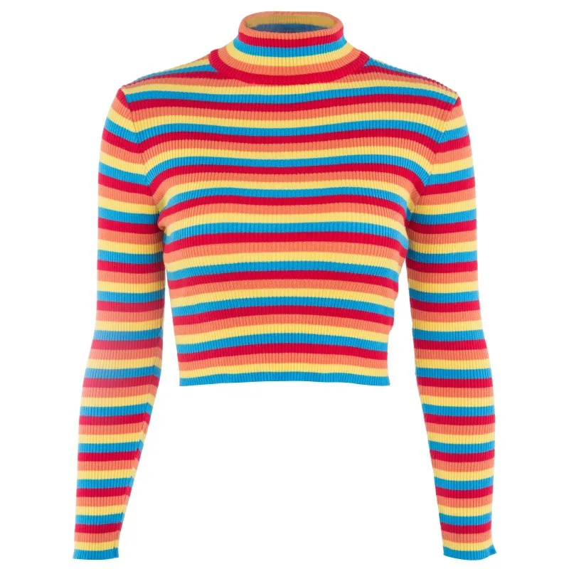 

Women's Warm Sweater Female 2020 New Fashion Rainbow Sweater Ladies High Collar Short Corp Tops Femme