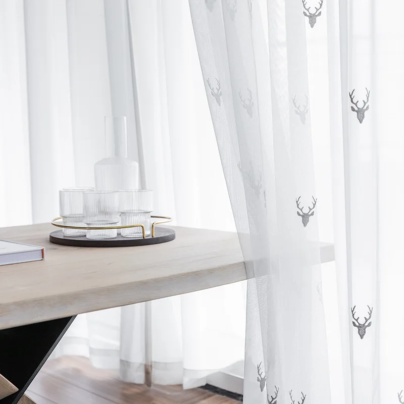 

New Cartoon Fawn White Gauze Embroidered Gauze Curtain Translucent Window Gauze Living Room Bedroom Study Curtain with Yarn
