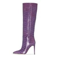 2021 winter new large size pointy stiletto heel and knee high boots purple gold imitation crocodile boots