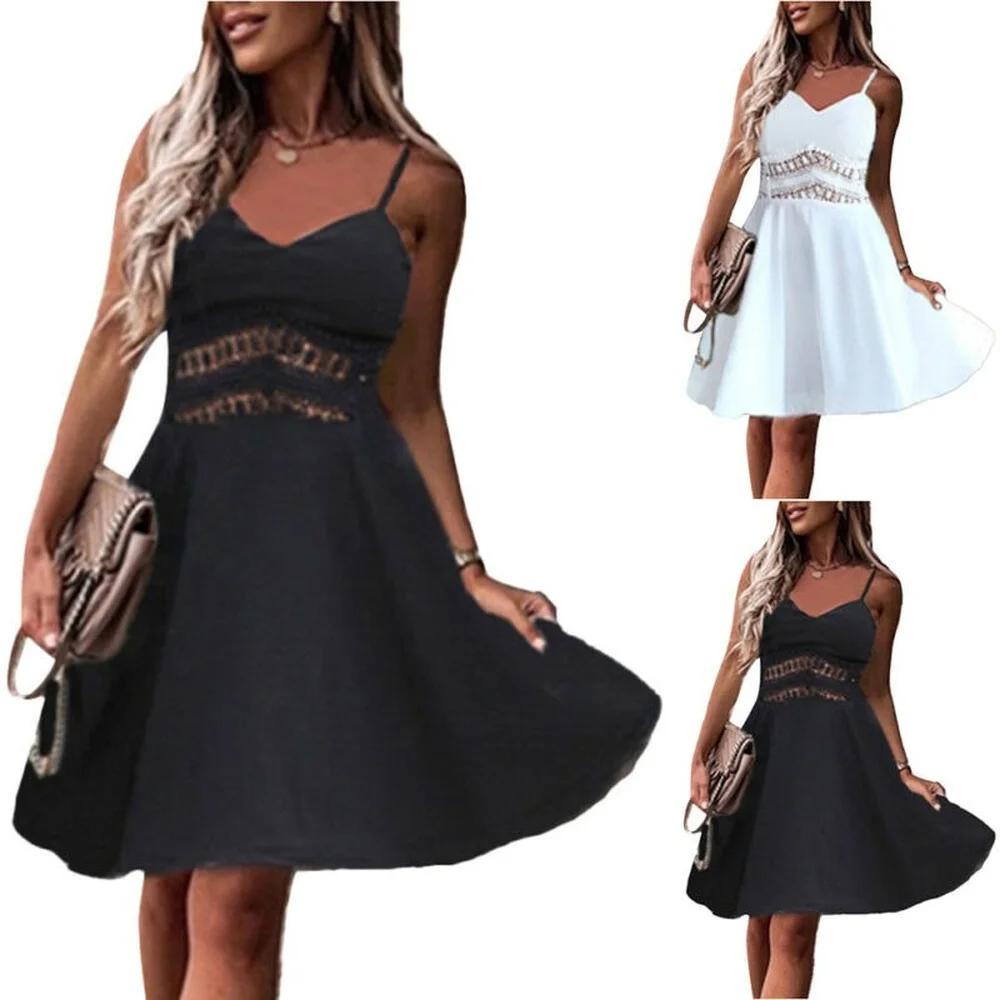 

Women Pleated Sleeveless Lace Slip Dress Ladies Summer Casual Swing Sun Dresses