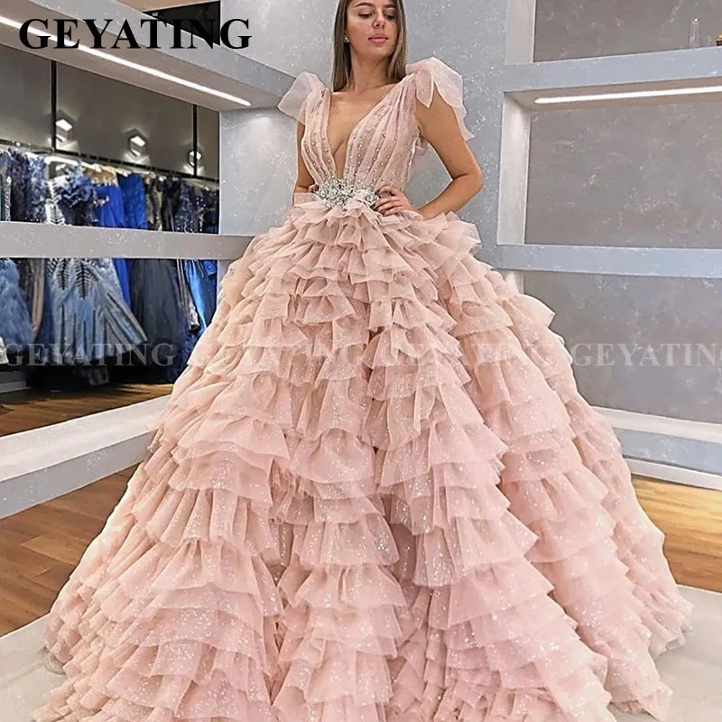 Блестящее Розовое Бальное платье для выпускного вечера 2020 сексуальное с V