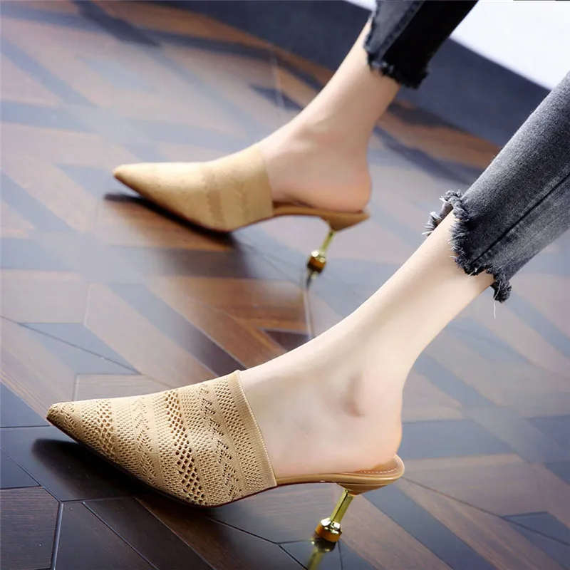 

Knit Mesh High Heels Breathable Mules Slippers Women Summer Shoes Women Pointed Toe Thin Heels Fashion Party Ladies Shoes 43