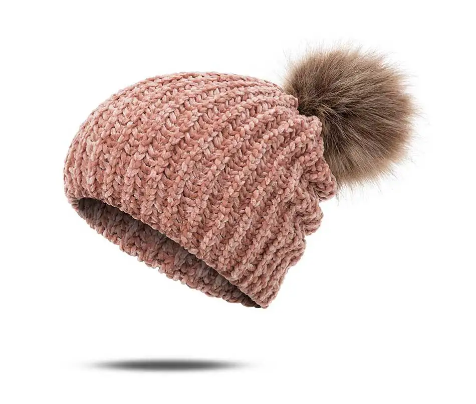 Skullies Beanies для женщин синель пом Вязанная женская зимняя шапка мягкая шапка шапки для девочек Толстая Skullies женская шапка