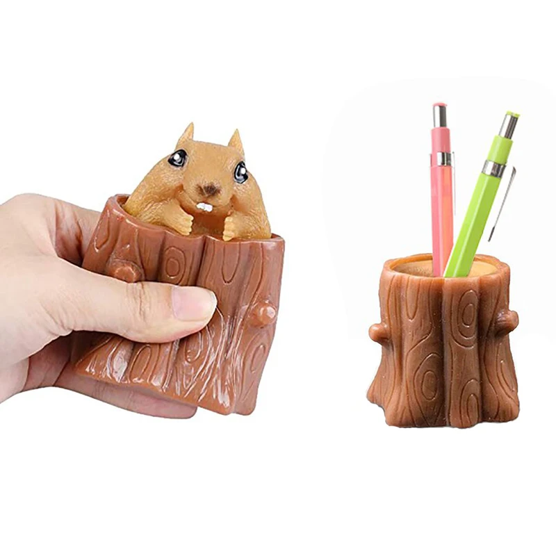 

4 Bears Squirrel Cup Children's Toy Miniature Telescopic Pen Holder Squeeze Rubber Evil Decompression Tree Stump Oak Cute