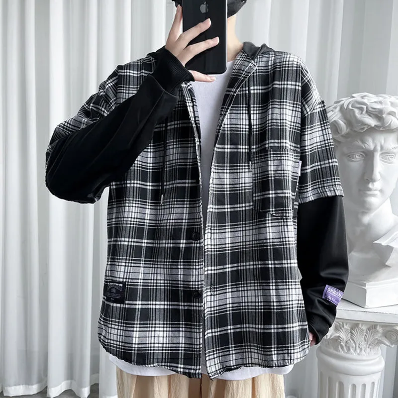 

2021 autumn new men's long-sleeved Korean version stitching fake two pieces youth red lattice Hooded Shirt coat Recommend Best