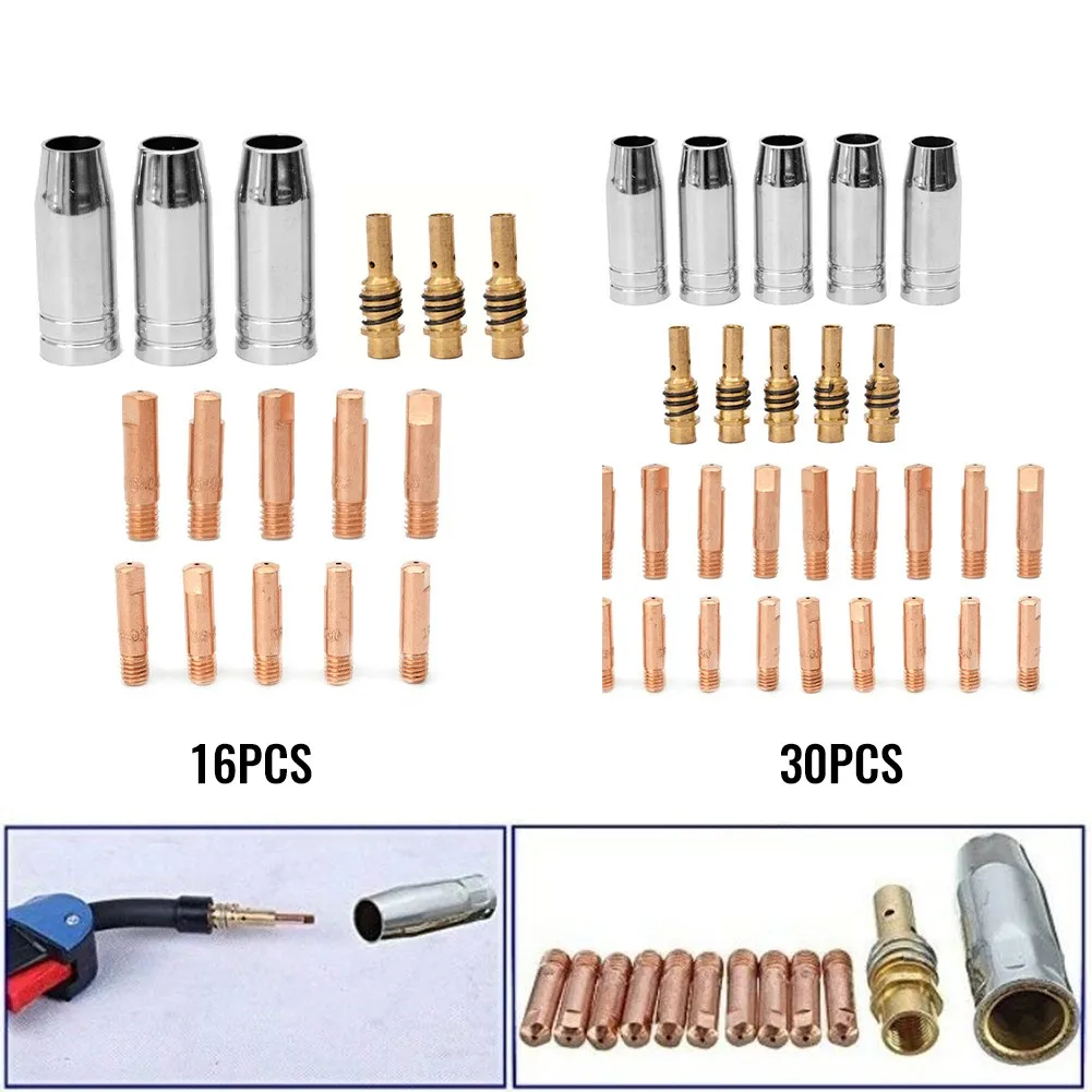 

0.8/1mm MIG Contact Tips 16/30pcs Copper M6 Metal Parts Shroud Nozzles