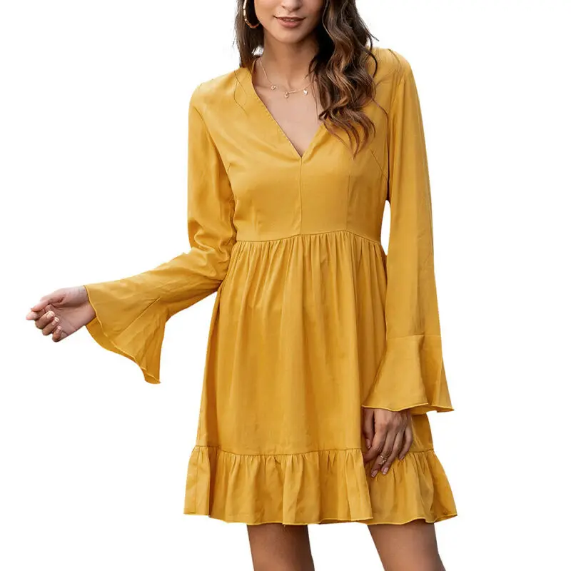 

Women V Neck Long Flared Sleeve Mini Dress Ladies Holiday Casual Plain Dresses
