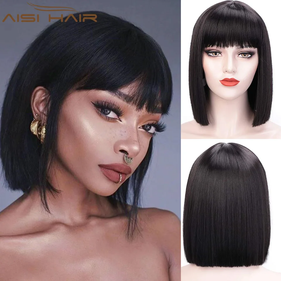 

AISI HAIR Synthetic Short Straight Wig With Bangs for Women Bob Wigs Black Blonde Pink Wig for Party Daily Use Shoulder Length