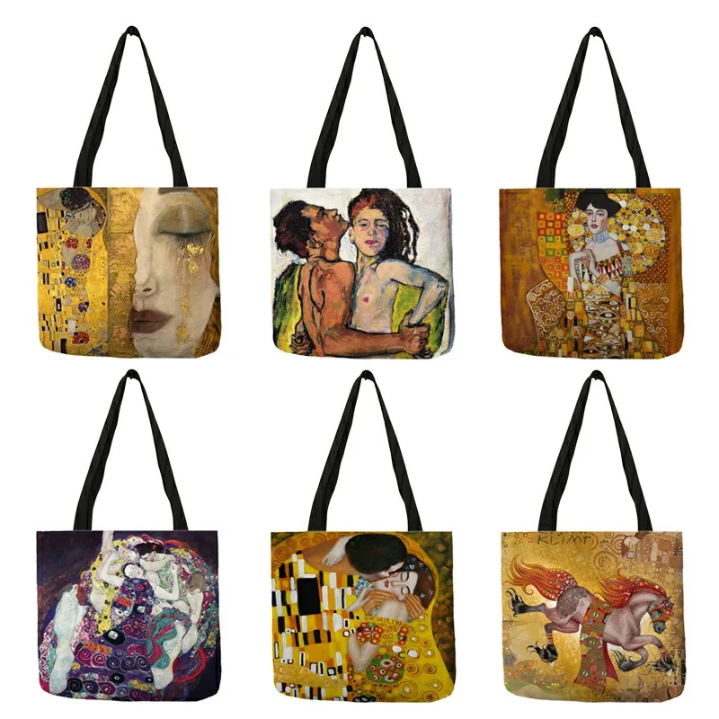 Customized Oil Painting Tears Linen Cloth Tote Bags For Women Gustav Klimt  Ladise Fashion Handbag Large Capacity Shopping Totes