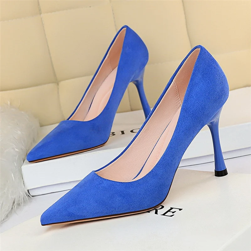 2020 Сезон весна осень Элегантная женская обувь из флока синего и желтого цвета