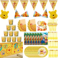 74pcs disney winnie the pooh theme set disposable tableware childrens birthday party plate cup baby shower decorations supplies