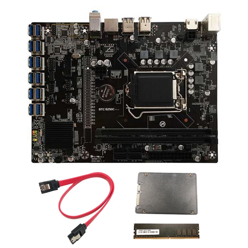 Материнская плата B250C для майнинга BTC с 120G SSD + DDR4 4 Гб 2133 МГц ОЗУ кабель 12xpcie на USB3.0
