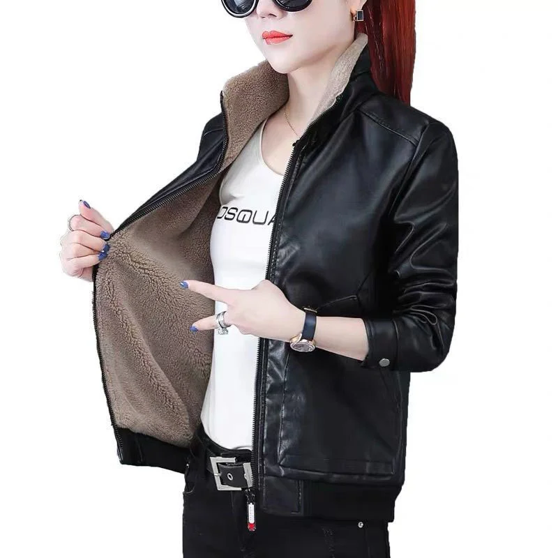 

SHZQ женская кожаная куртка 2021 Новая Элегантная женская одежда зимнее бархатное теплое пальто Темпераментная Женская тонкая свободная Толст...