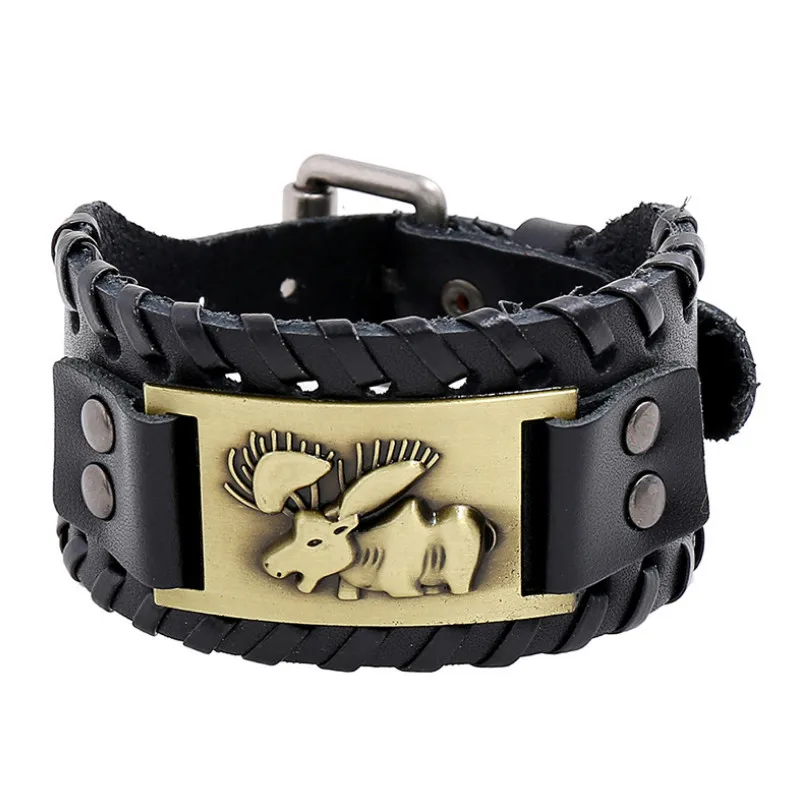 

Vintage Punk Men Black Wristband Wide Leather Belt Bracelet Retro Animal Charm Bangle Casual Fashion Women Nordic Viking Jewelry