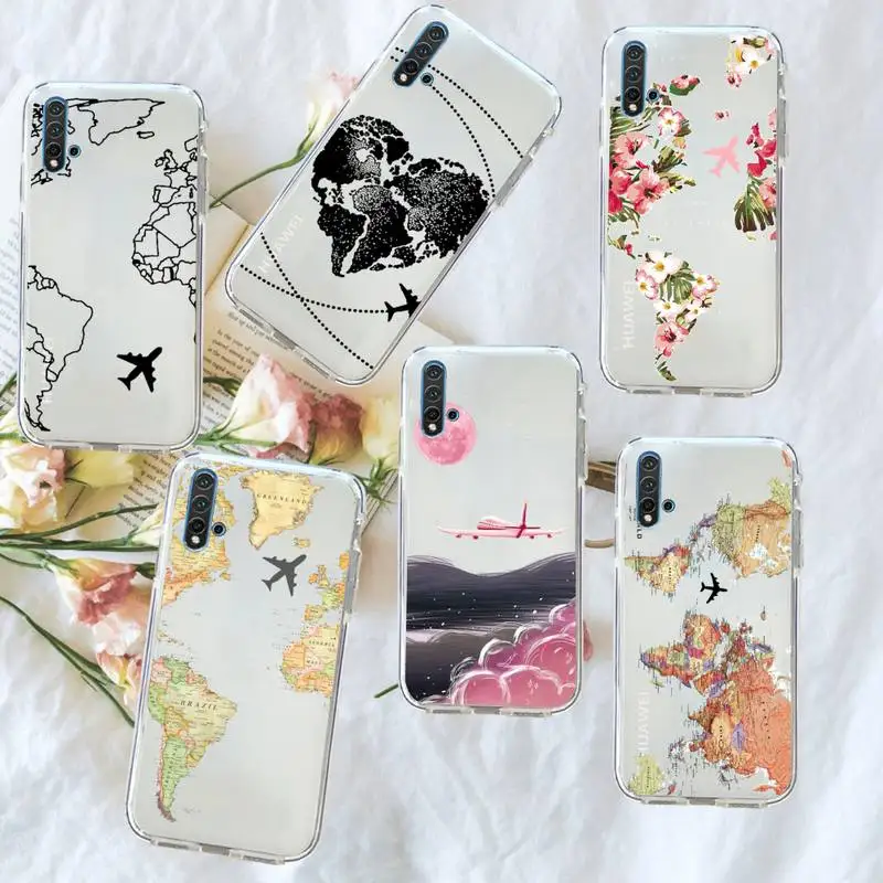 

World Map Travel art design pattern Phone Case Transparent for Huawei honor P mate 40 20 30 10 50 i 9 x mate pro lite 8a