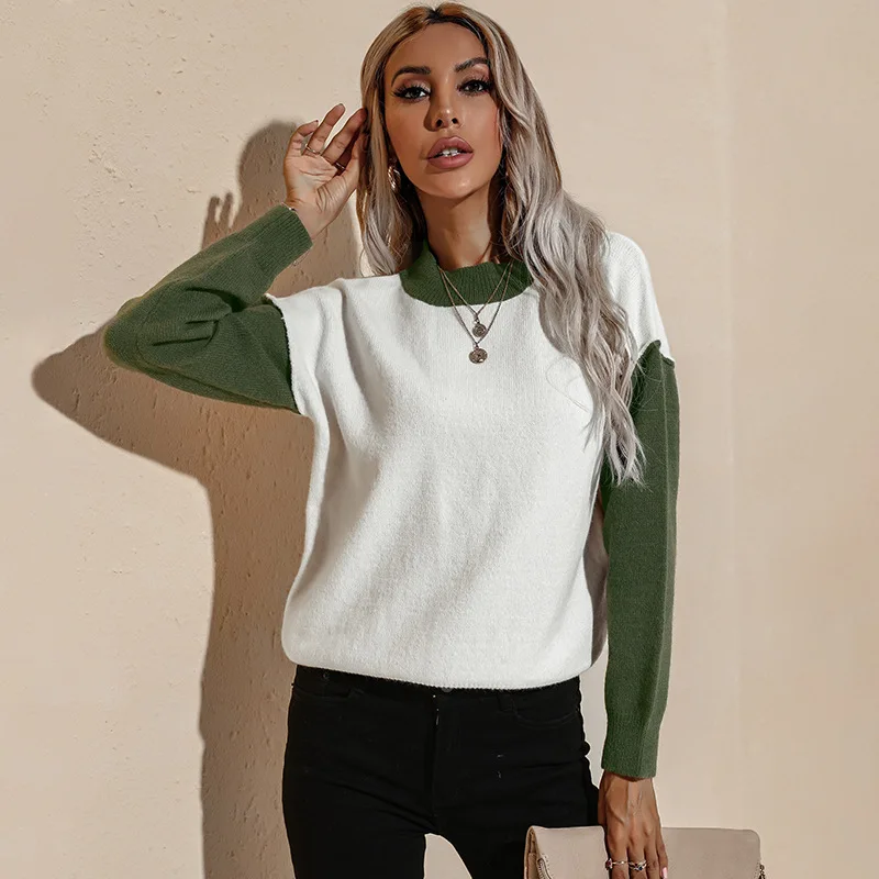 

2021 Women's Fall Winter New Contrasting Outer Wear Oversized Long Sleeve Turtleneck Knitted Sweater For Fashion All Match