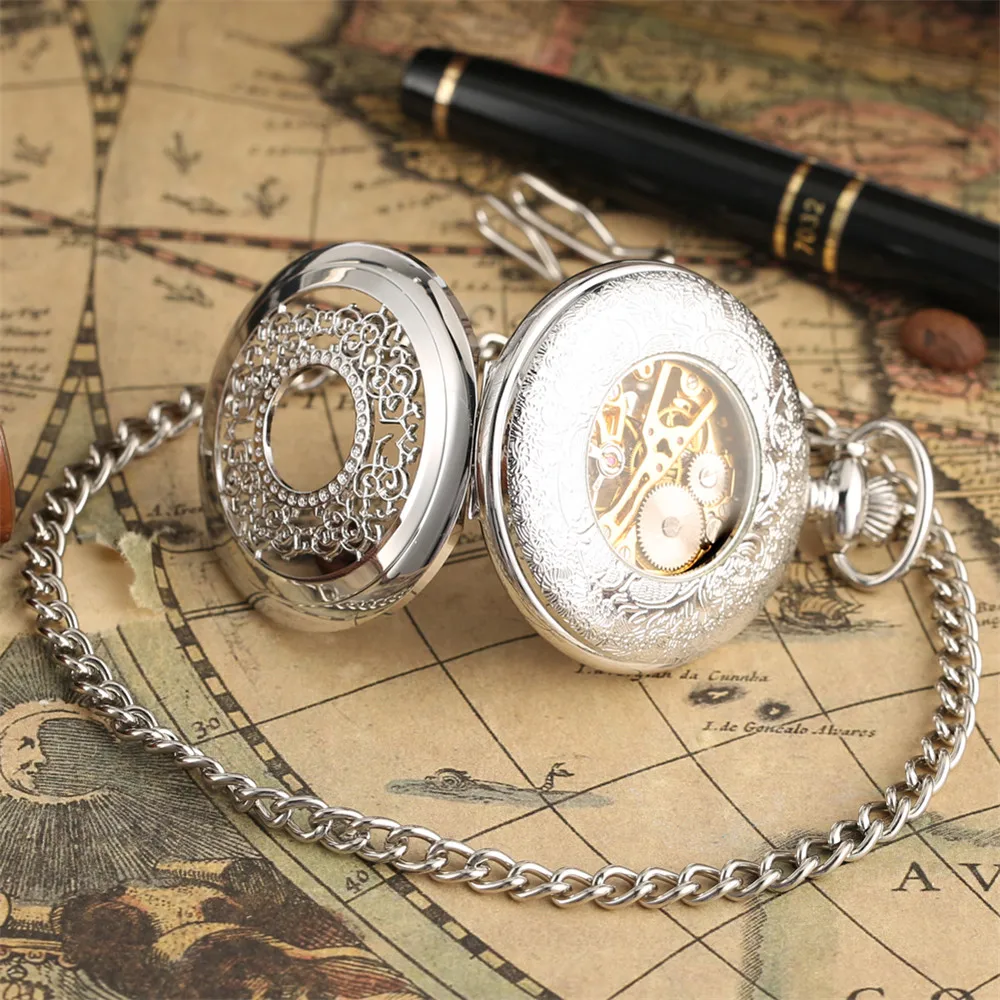 Silver/Black Elegant Hollow Pattern Mechanical Hand Winding Pocket Watch Arabic Numerals Display Skeleton Manual Mechanism Clock