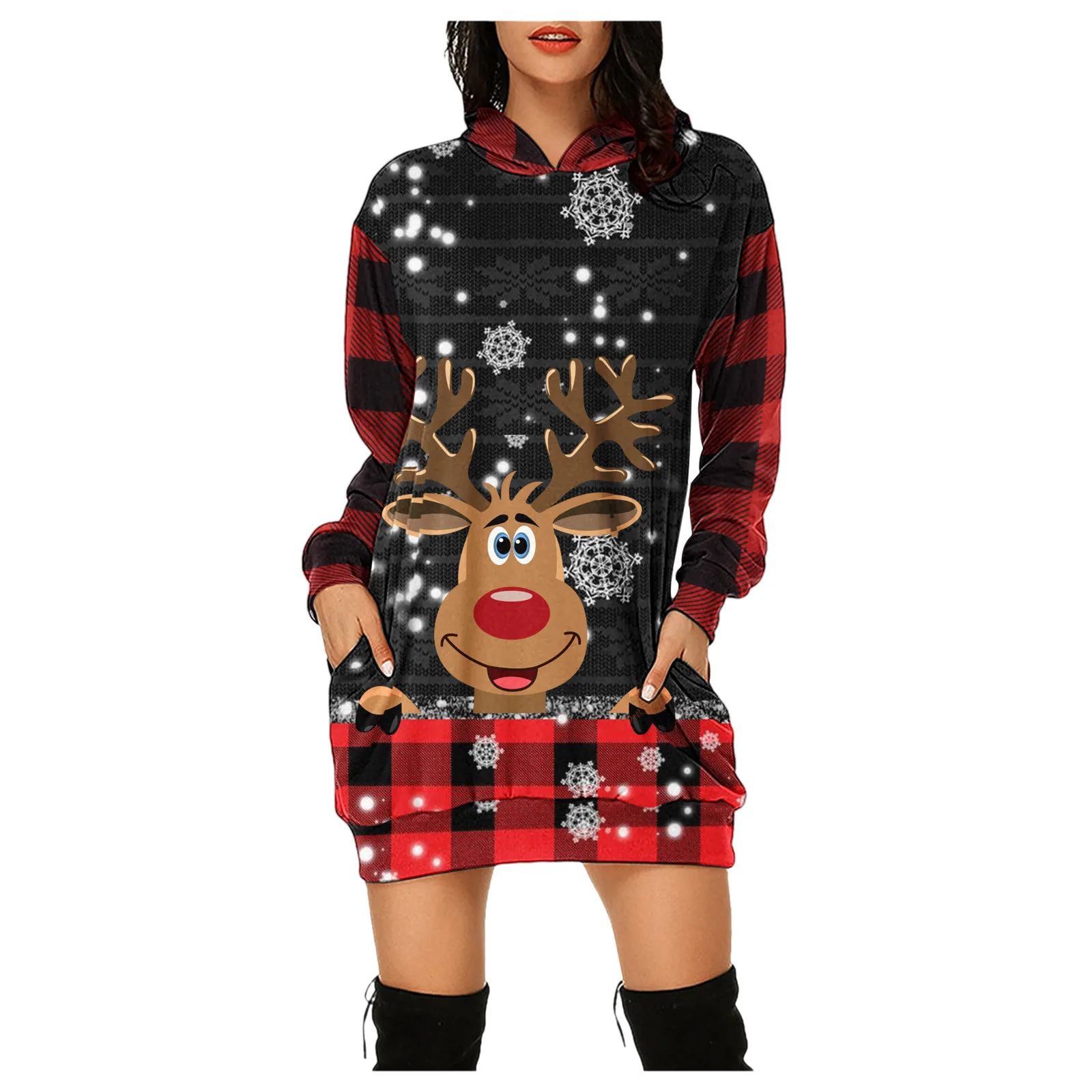 

Christmas Print Women's Sweatshirt Dress Long Sleeve Bag Hip Pocket Mini Dress Casual Loose Hoodie Dresses for Women Vestido 2XL
