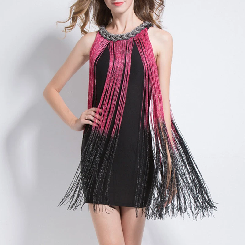 

New Summer Dress Casual A-Line Patchwork Sleeveless Tassel O-Neck Party Dress Vestidos De Fiesta Sexy Black Dress Women Clothes